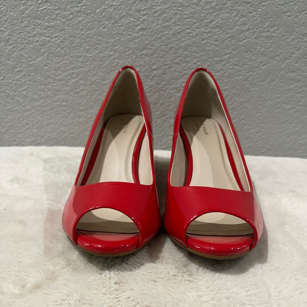 Cole Haan Red Patent Peep-Toe Wedge Pumps - Picture 2 of 8